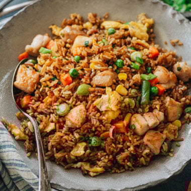 Chinese chicken fried rice served in a bowl