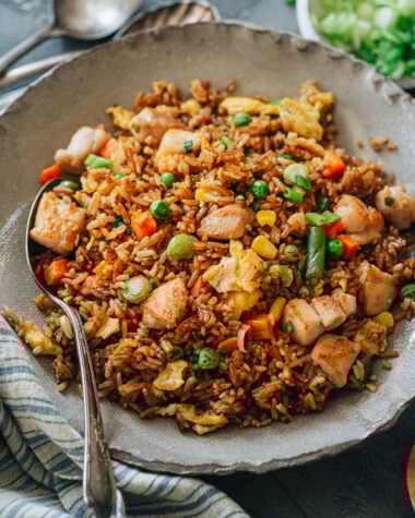 Chinese chicken fried rice served in a bowl
