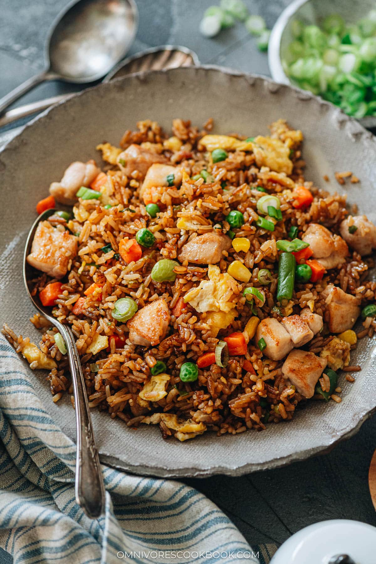 Chinese chicken fried rice served in a bowl