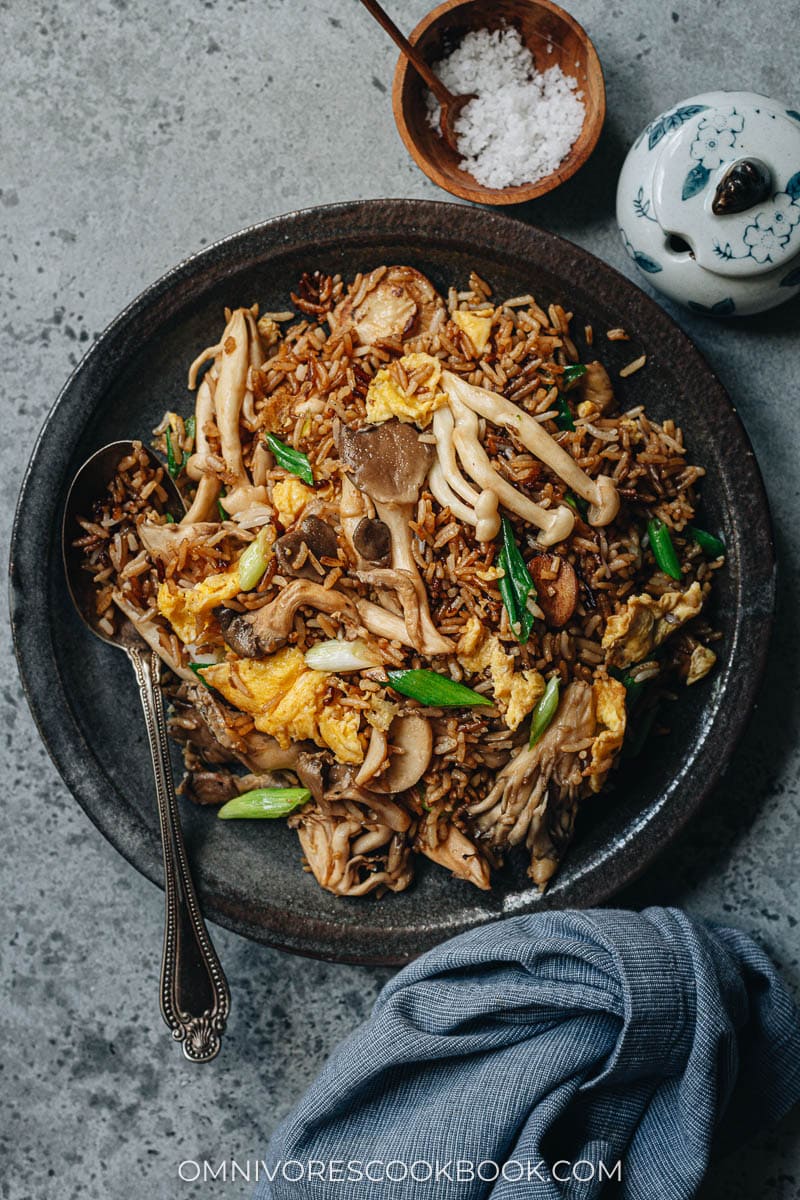 Mushroom fried rice served in a plate