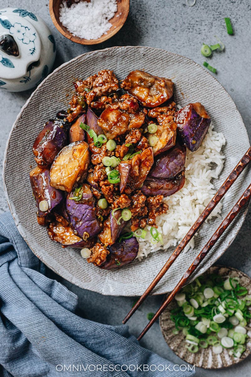 Sichuan style stir fried eggplant served over rice