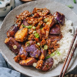 Yu xiang eggplant served over rice