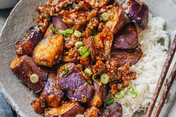 Yu xiang eggplant served over rice