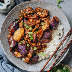 Xu Xiang eggplant features crispy eggplant covered in a sticky sweet, sour, savory and slightly spicy sauce. A signature Sichuan dish that turns eggplant haters into eggplant lovers. {Vegetarian Vegan Adaptable, Gluten-Free Adaptable}