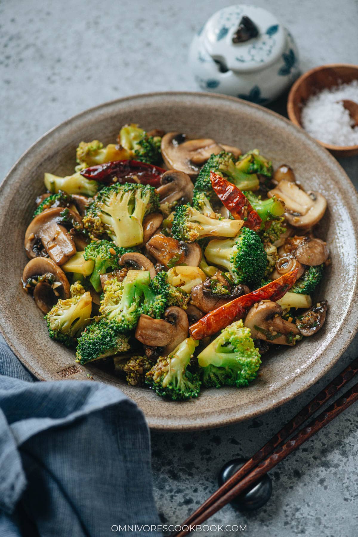 Broccoli and mushroom stir fry served in a plate