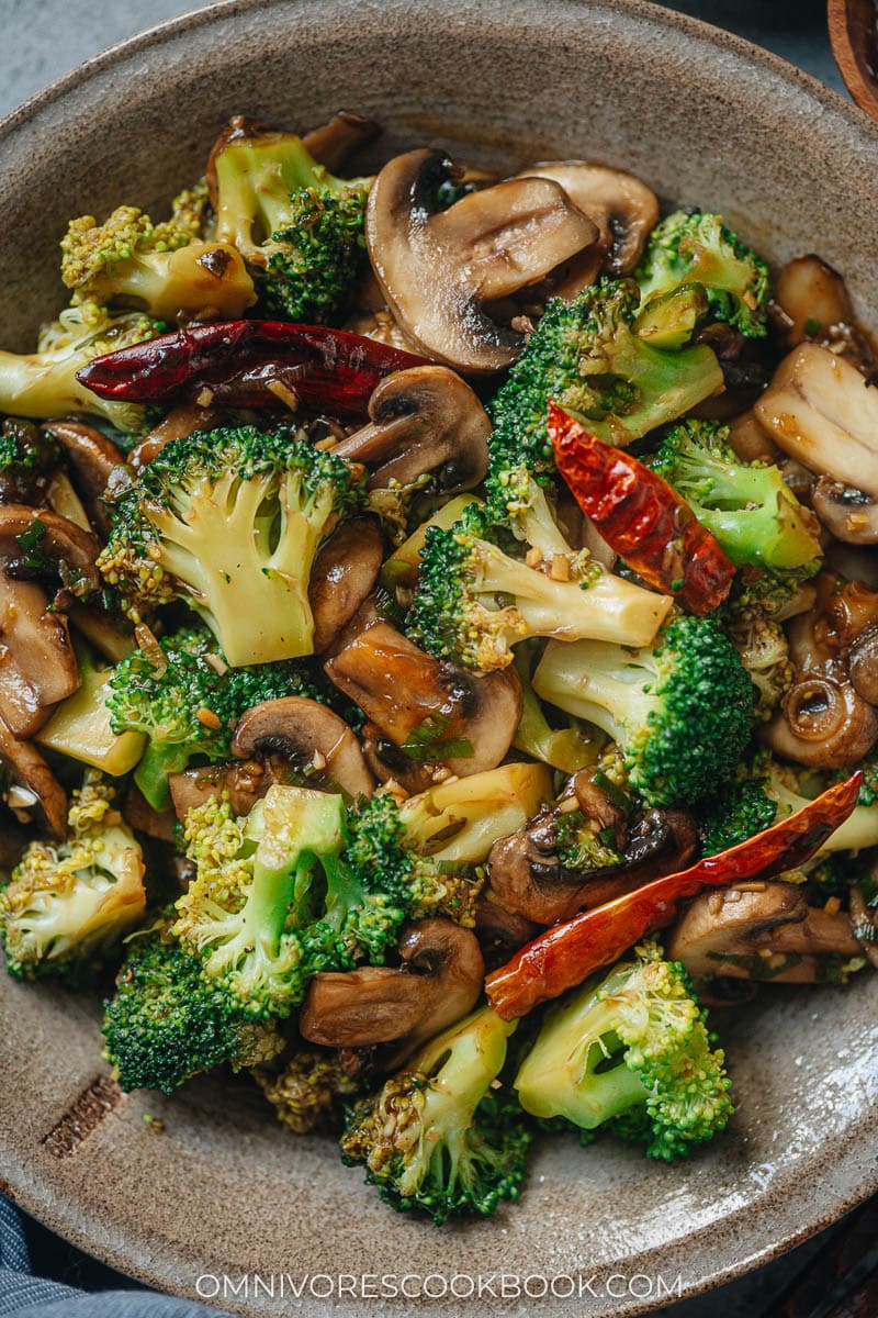 Broccoli and mushroom stir fry close up