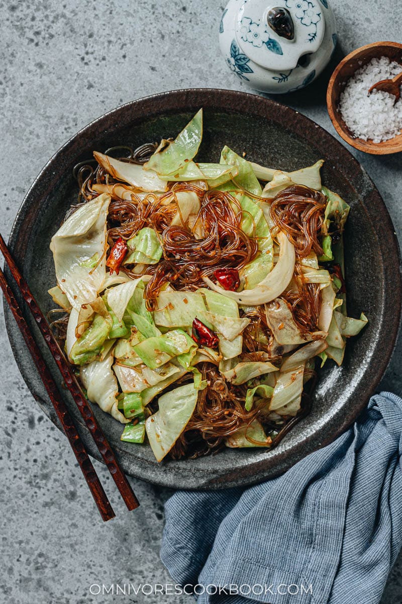 Stir fried cabbage with glass noodles