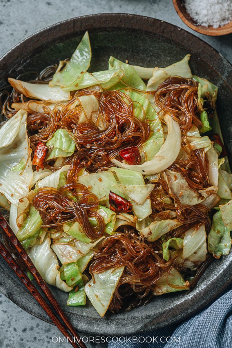 Cabbage glass noodle stir fry close up