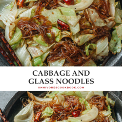Cabbage glass noodle stir fry is a quick homestyle side dish that takes 10 minutes to put together. The crisp cabbage and tender mung bean noodles are brought together with a savory sauce, making it satisfying and comforting to eat. {Vegan, Gluten-free adaptable}