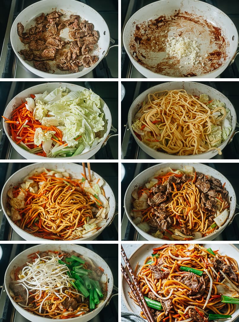 Step-by-step process of making quick beef lo mein