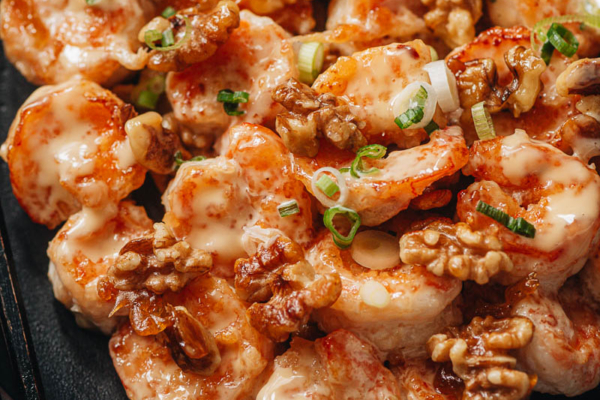 Takeout style walnut shrimp close up