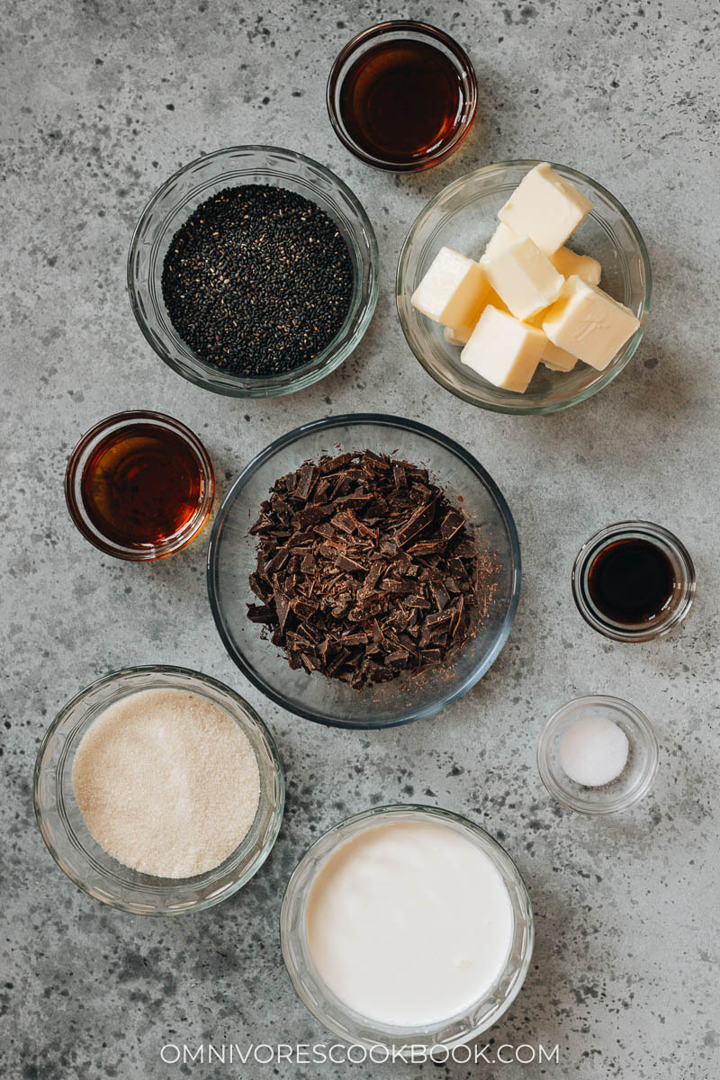 Ingredients for dark chocolate black sesame filling