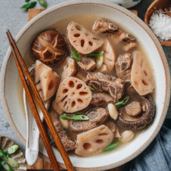 This lotus root soup features tender pork ribs, mushrooms and peanuts braised together to create a fragrant soup that is healing and nutritious. No matter whether you're recovering from a cold or simply need something comforting, this soup is perfect for you. {Gluten-Free}
