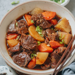 The beef is braised in a rich, savory broth with potatoes and carrots until super tender and flavorful. An easy make-ahead recipe that requires little prep, it’ll give you delicious dinners for the next couple of days. I include methods for making it in an Instant Pot or on the stovetop, so you can choose whichever works for you. {Gluten-Free Adaptable}