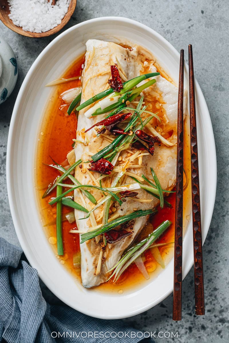 Steamed fish filet with soy sauce and aromatics