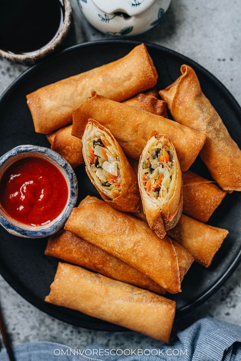 Chinese fried vegetable egg rolls close up