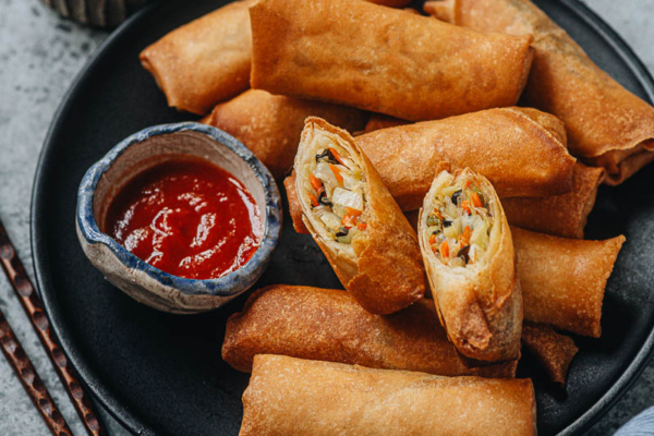 Chinese fried vegetable egg rolls cut open