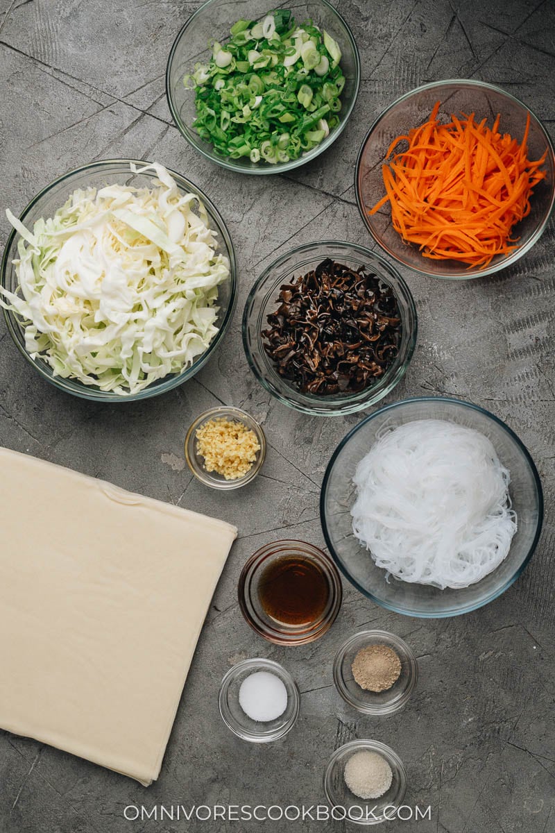 Ingredients for making vegetable egg rolls