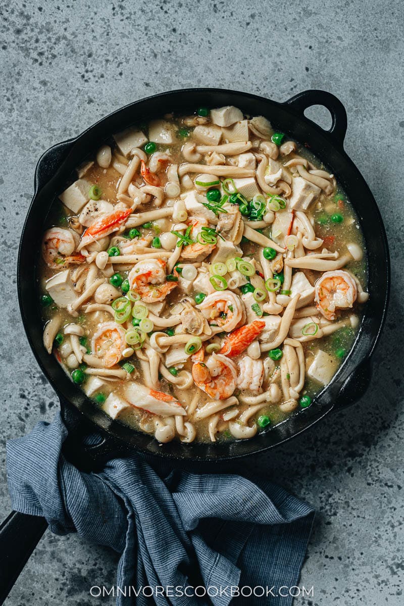 Homemade seafood tofu stew in a skillet