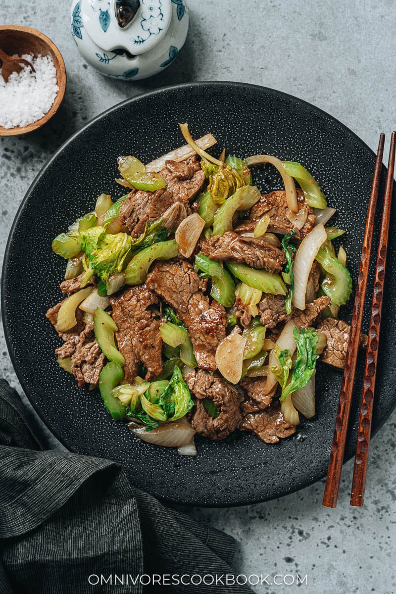 Beef and celery stir fry served in a plate