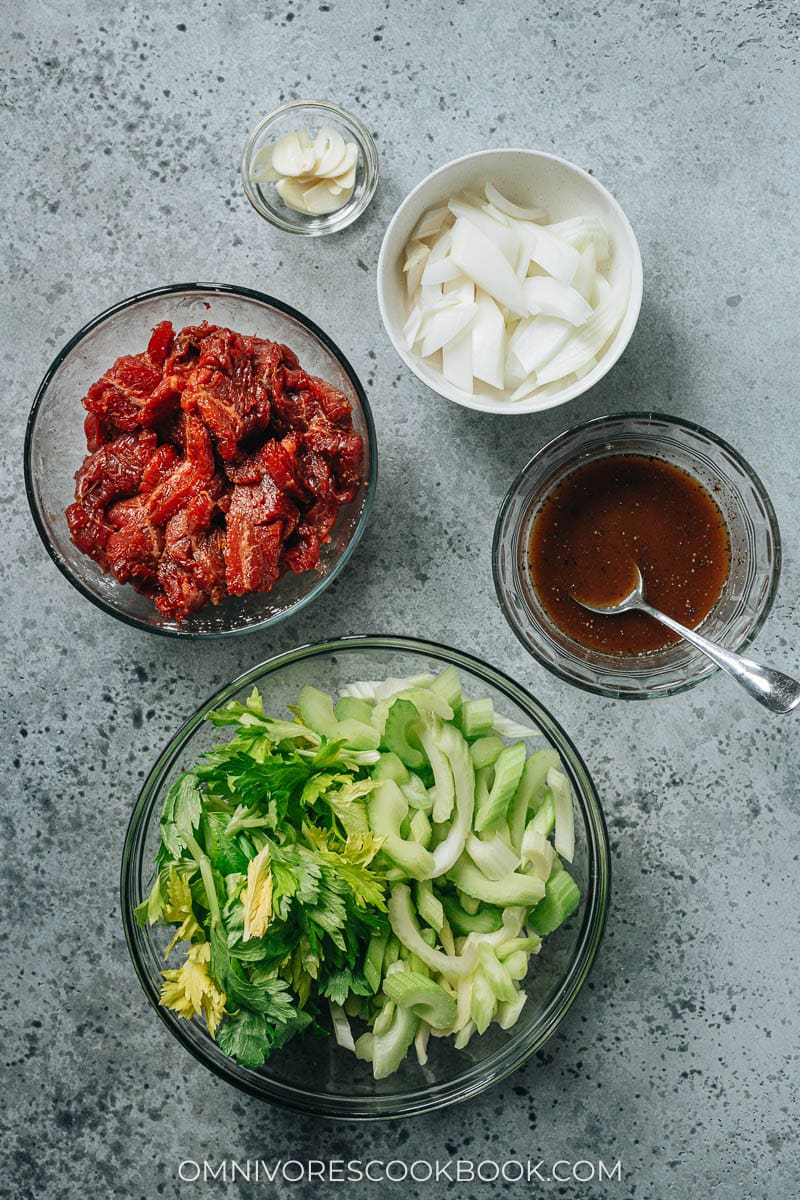 Ingredients for making beef and celery stir fry