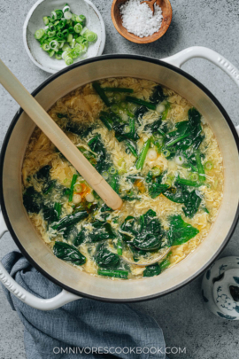 Spinach egg drop soup in a pot