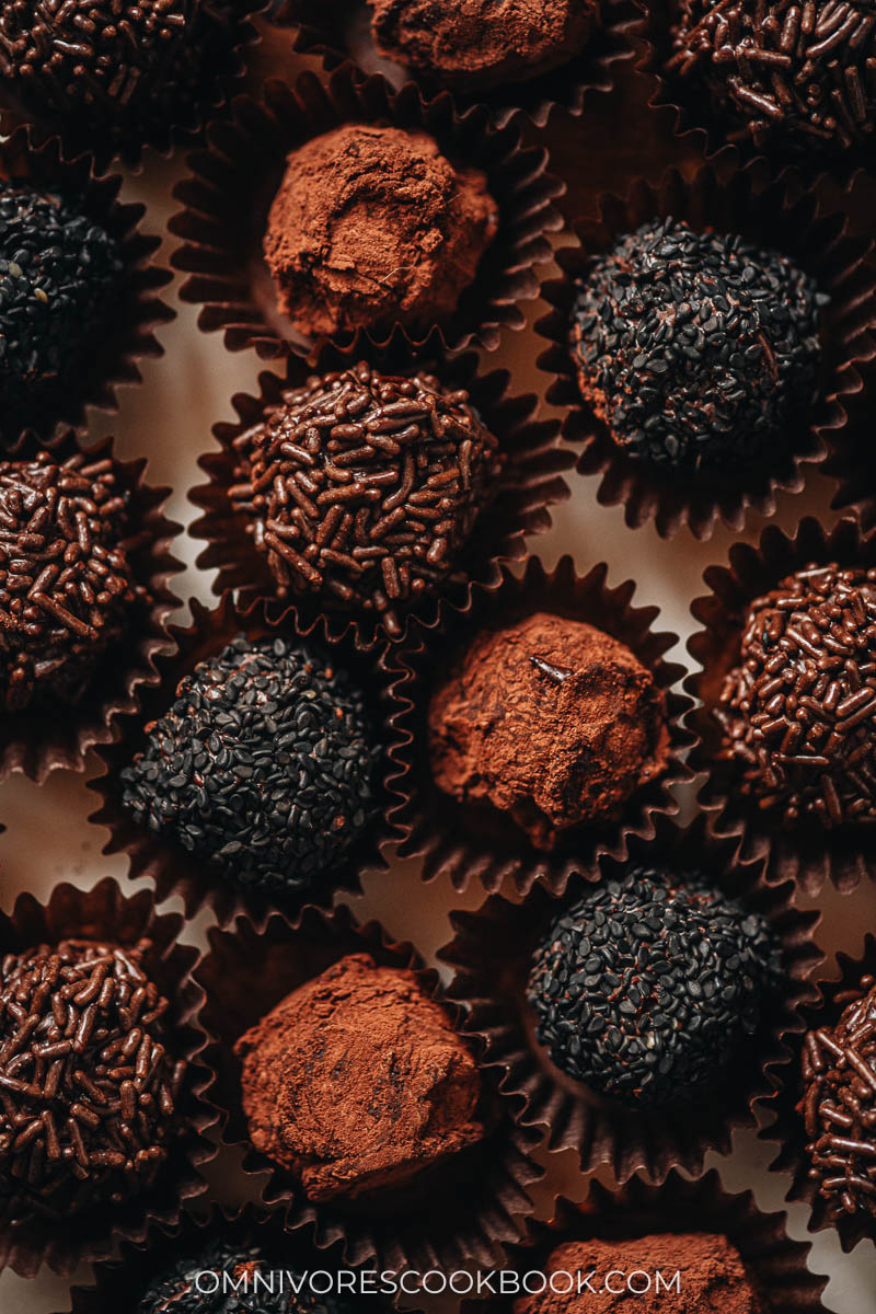 Black sesame chocolate truffles close up