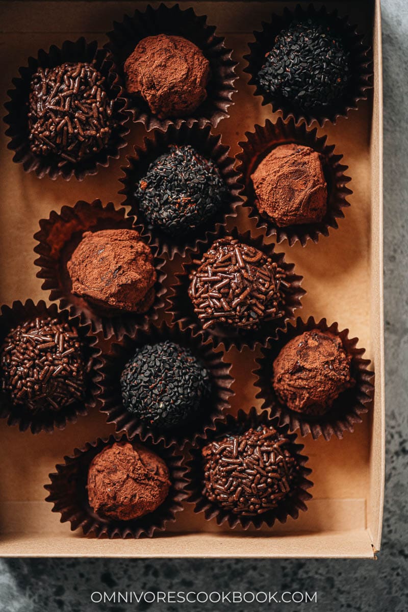 Black sesame chocolate truffles in a box