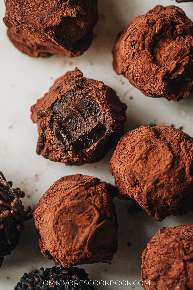 Chocolate truffles inside texture close up