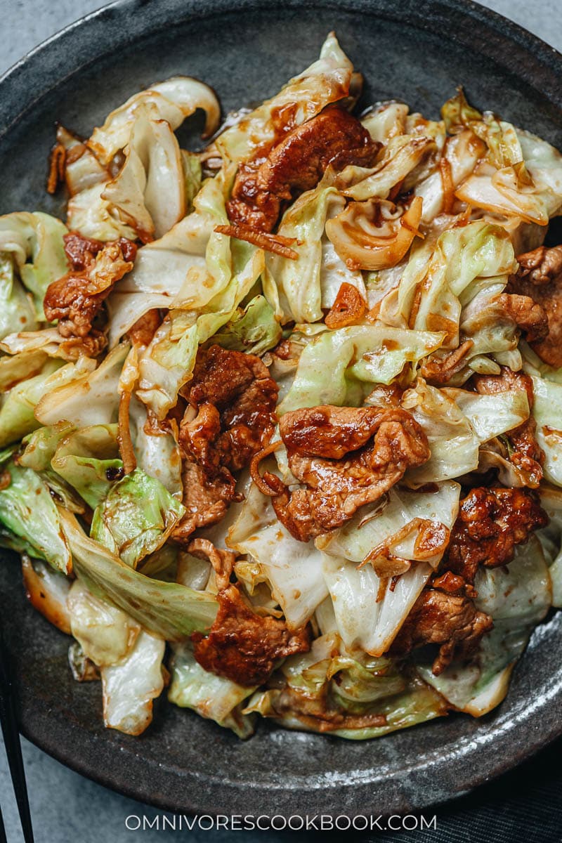 Pork and cabbage stir fry close up
