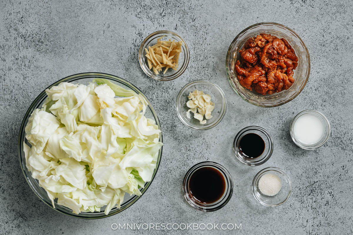 Ingredients for pork and cabbage stir fry