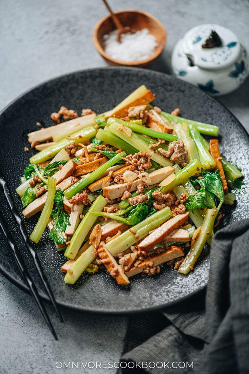 Dried tofu and celery stir fry in a plate