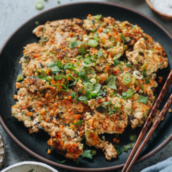 Ground turkey and tofu scrambled with veggies is a delicious and healthy dish that is packed with protein and nutrients. {Gluten-Free Adaptable}