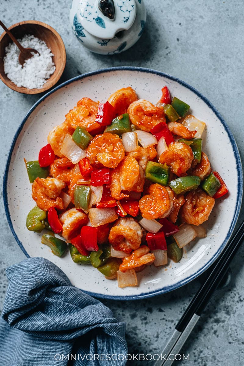 Sweet and sour shrimp in a plate