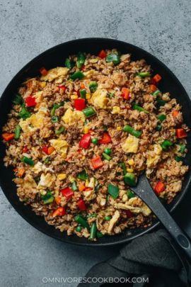 Homemade beef fried rice in a pan