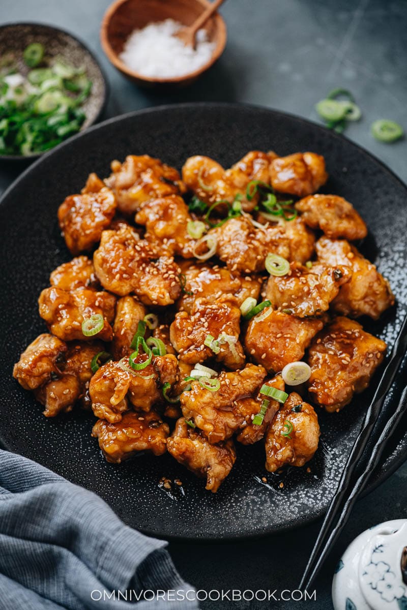 Takeout style sesame chicken in a plate