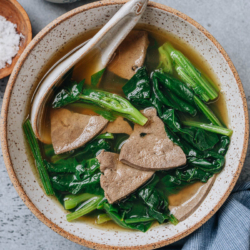 This pork liver soup features tender pork liver and spinach in a hearty gingery chicken broth. It is a simple dish packed with flavor and nutritional benefits, often enjoyed for both its taste and its health-promoting qualities. {Gluten-Free Adaptable}