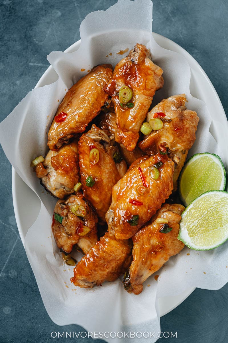 Crispy air fryer wings with sweet chili sauce close up