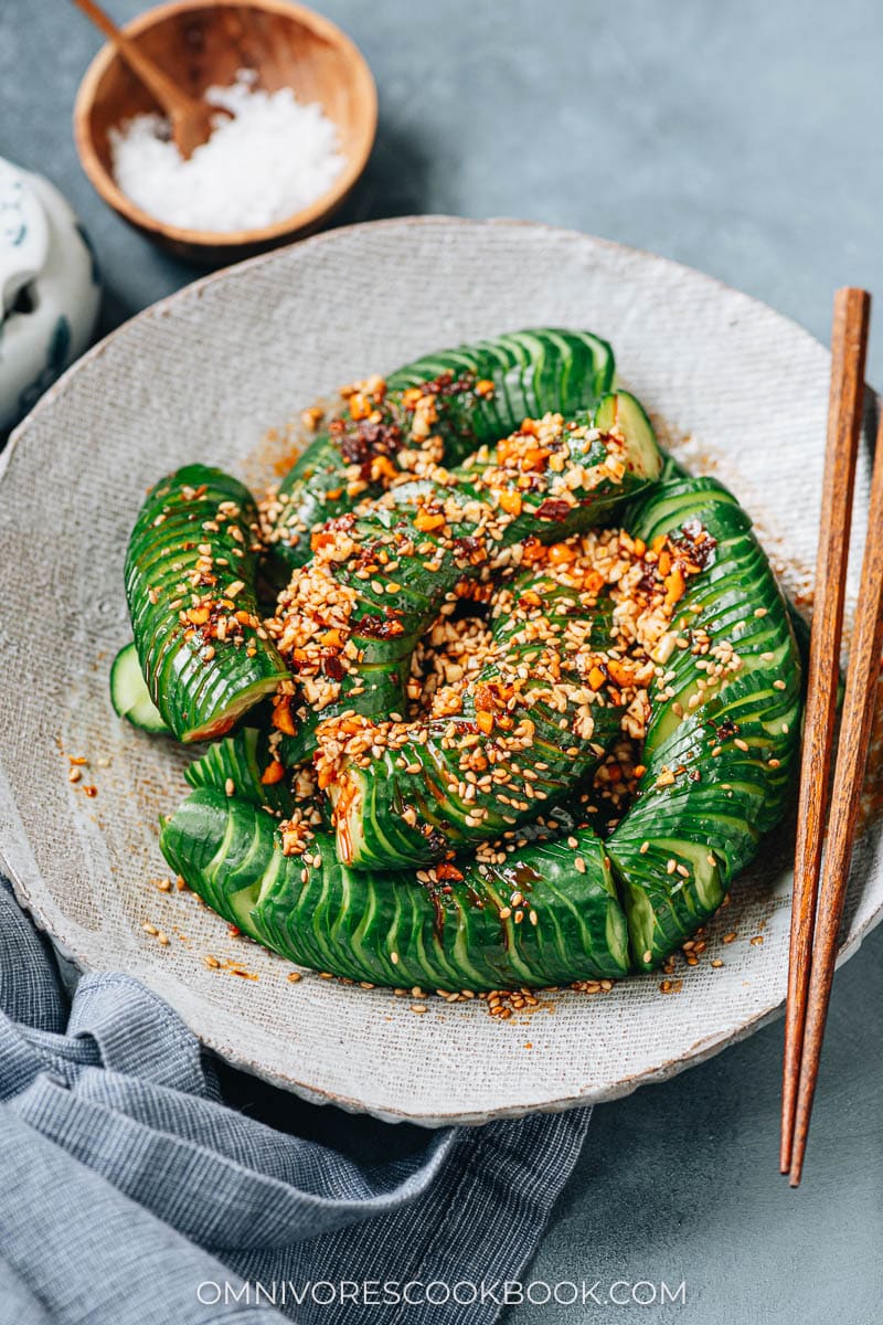 Spicy cucumber salad in a bowl