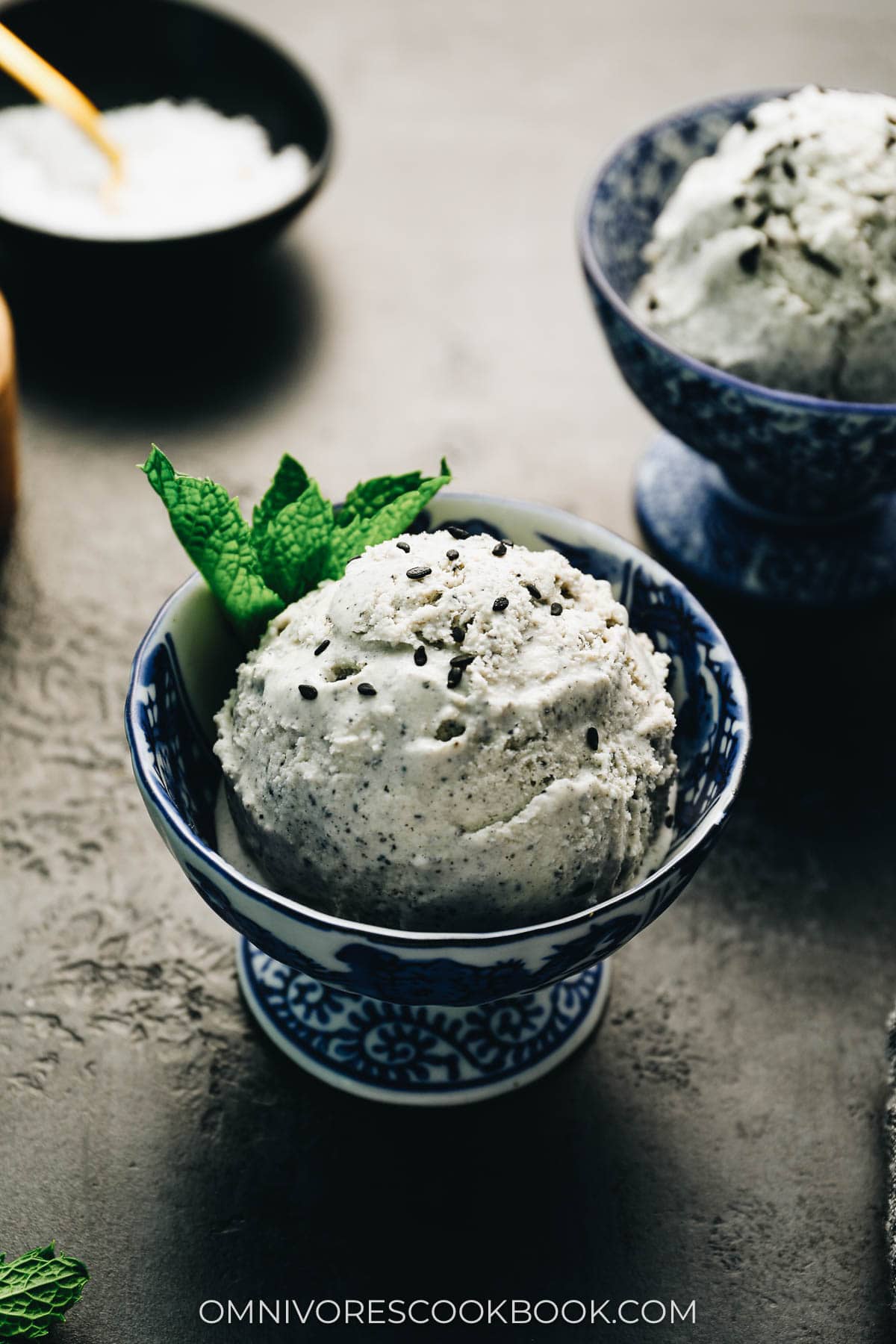 Black sesame ice cream served in a bowl