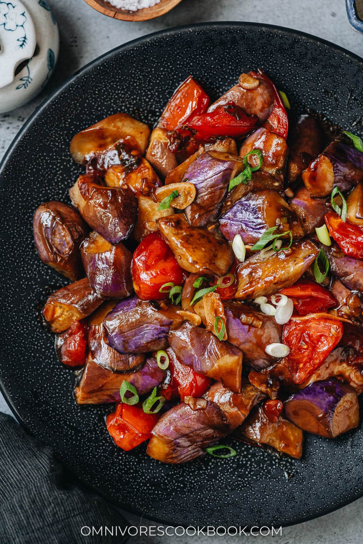 Chinese eggplant with tomato close up