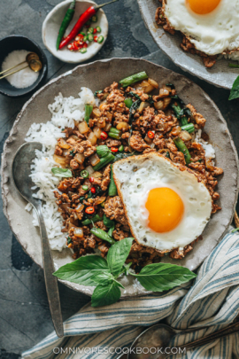 Pad krapow gai over rice