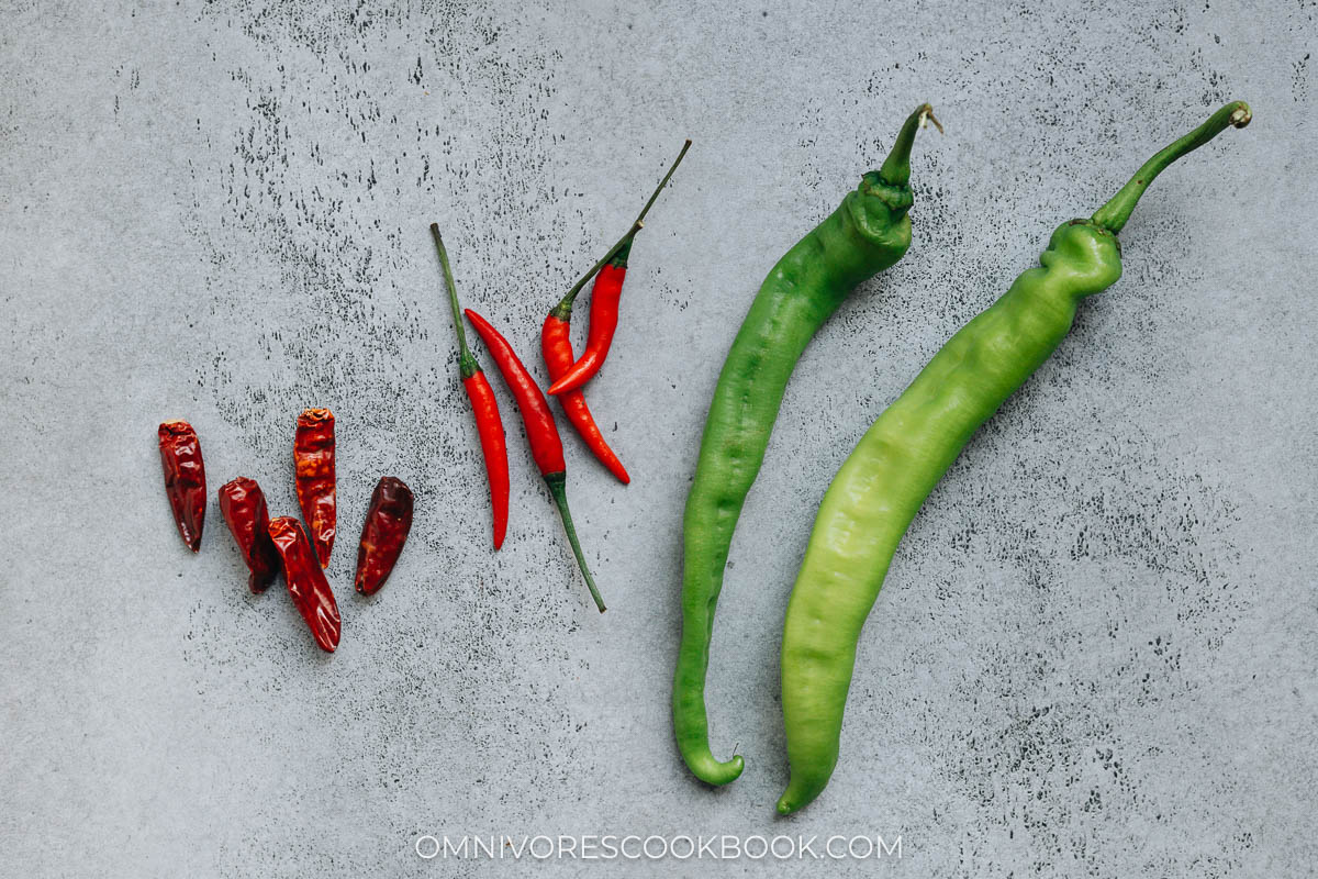 Dried and fresh chili peppers