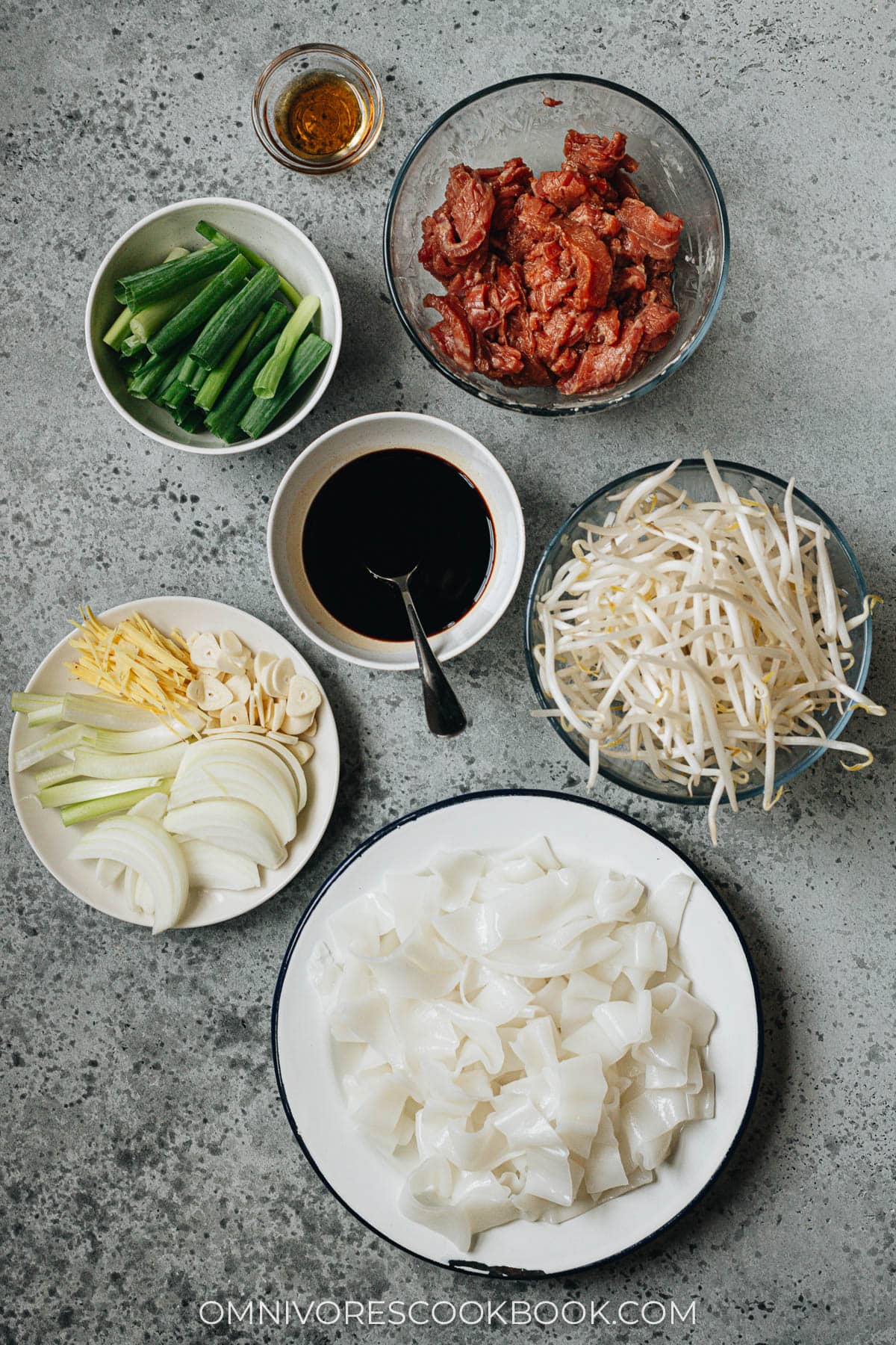 Ingredients for making beef chow fun