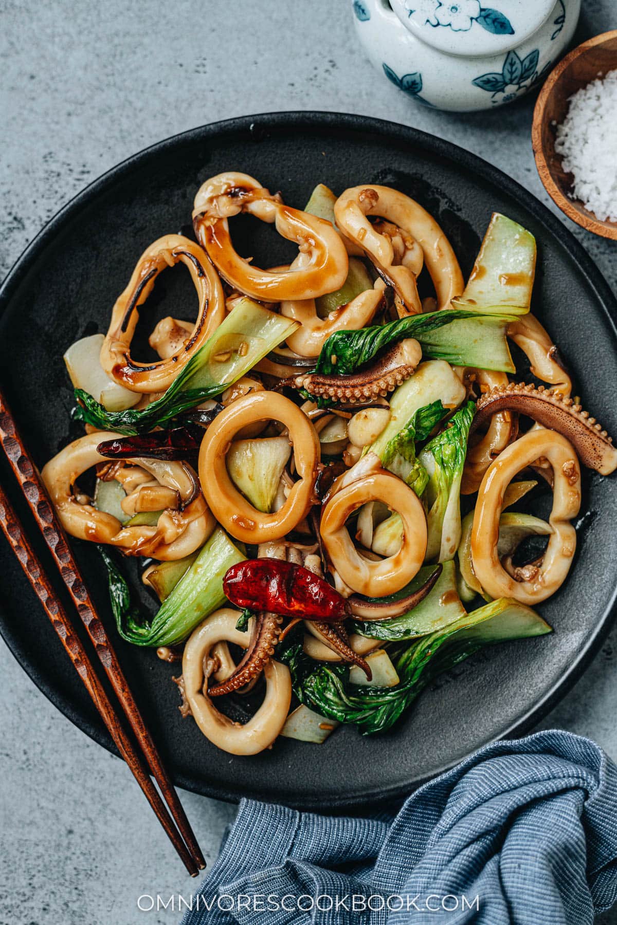 Squid and bok choy in a plate