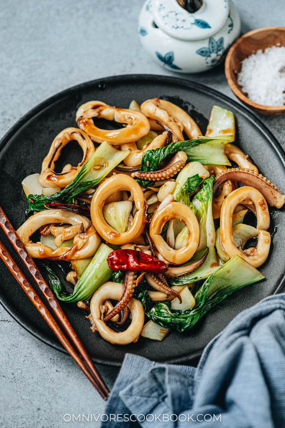 Chinese squid stir fry in a plate