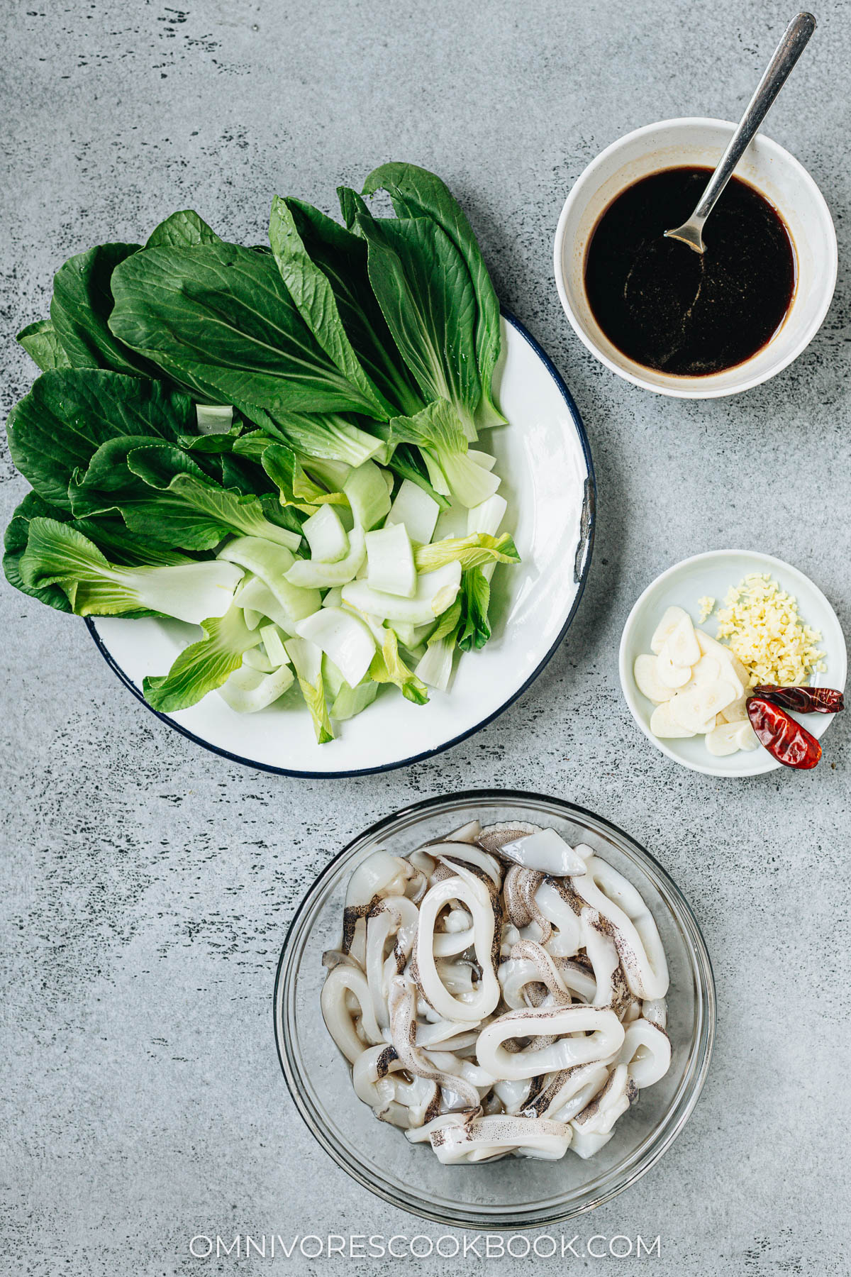 Ingredients for making squid and bok choy stir fry