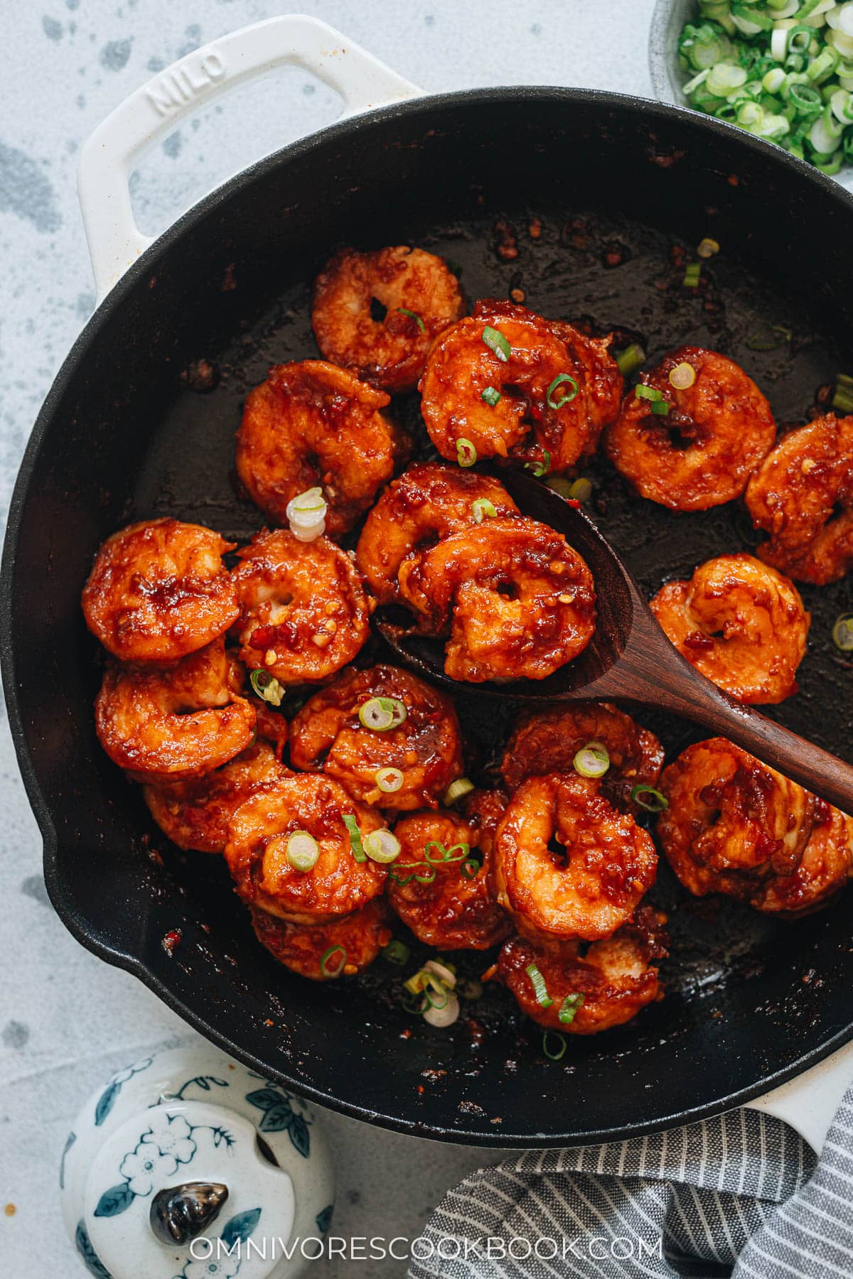 Chili garlic shrimp in a pan