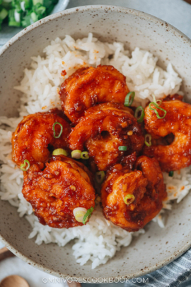 Shrimp in chili garlic sauce with rice close up