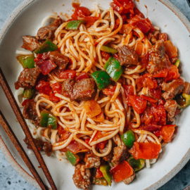 Xinjiang laghman served in a bowl